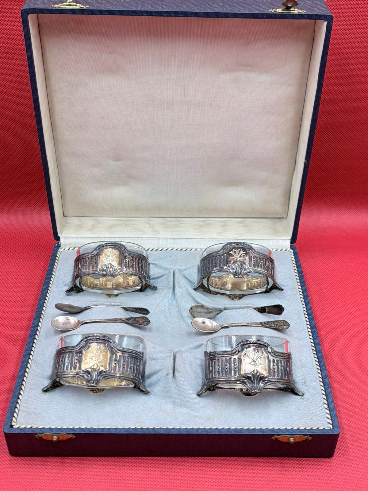 Set 4 Antieke Zilveren Amuse Schaaltjes 835 Lepeltjes 800, Ophalen of Verzenden