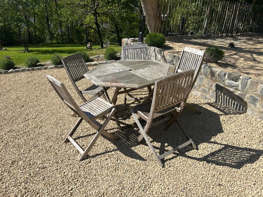 Table et 5 chaises en teck pliable, 5 places, Enlèvement, Utilisé, Bois