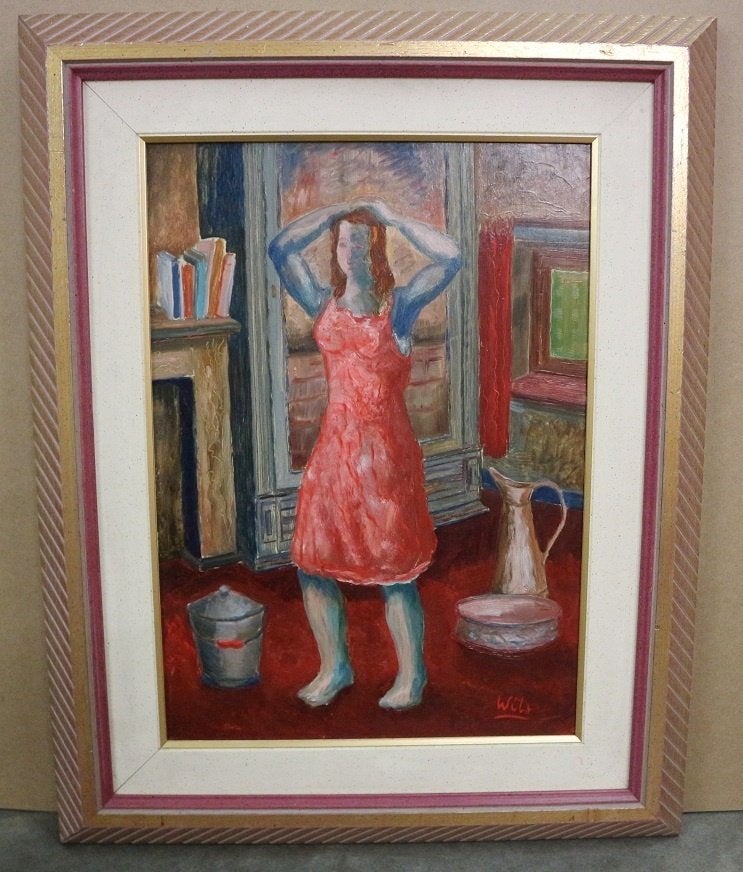 Jos WILS, de rode jurk, Antiek en Kunst, Kunst | Schilderijen | Klassiek, Paneel, Expressionistisch, Ophalen of Verzenden, Gesigneerd