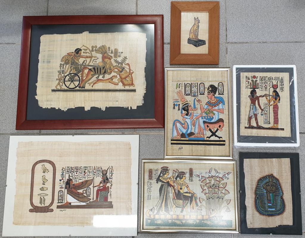 7 Papyrus tekeningen uit Egypte in kader, Antiek en Kunst, Ophalen of Verzenden