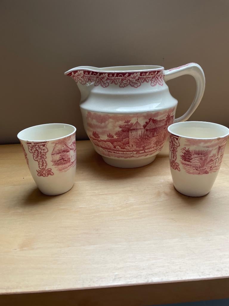 boerenhoeve rood melkkan en 2 bolle bekers, Antiek en Kunst, Antiek | Servies los, Ophalen of Verzenden