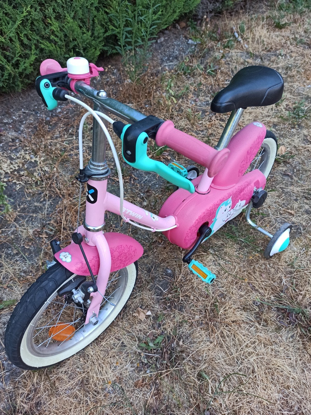 B'Twin 14 inch 500 Unicorn kinderfiets, Fietsen en Brommers, Fietsen | Kinderfietsjes, Ophalen, Zijwieltjes, Gebruikt, Velgrem