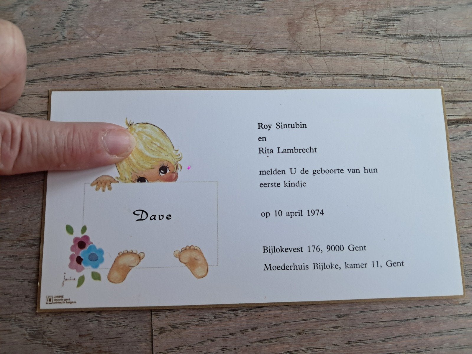 Faire-part de naissance rétro, Dave Sintubin, 1974, Gand, Collections, Cartes de naissance & Cartes de visite, Enlèvement ou Envoi