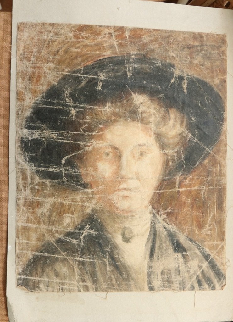 Portret vrouw met grote hoed, olieverf op doek, ca. 1910, Antiek en Kunst, Ophalen, Olieverf, Gesigneerd, Portret