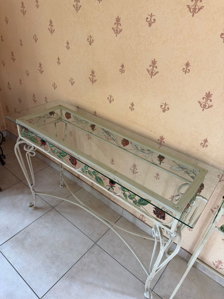 Metalen console bloemendecoraties + bijpassende hoektafel, Ophalen, Zo goed als nieuw