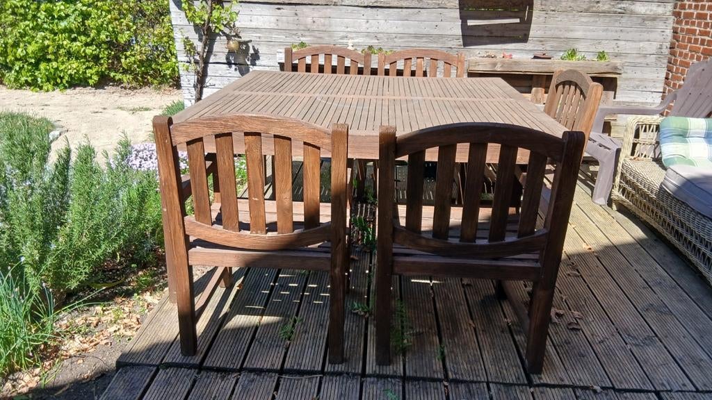 Grote teak tuintafel met 6 teak stoelen, Tuin en Terras, Tuinsets en Loungesets, Ophalen