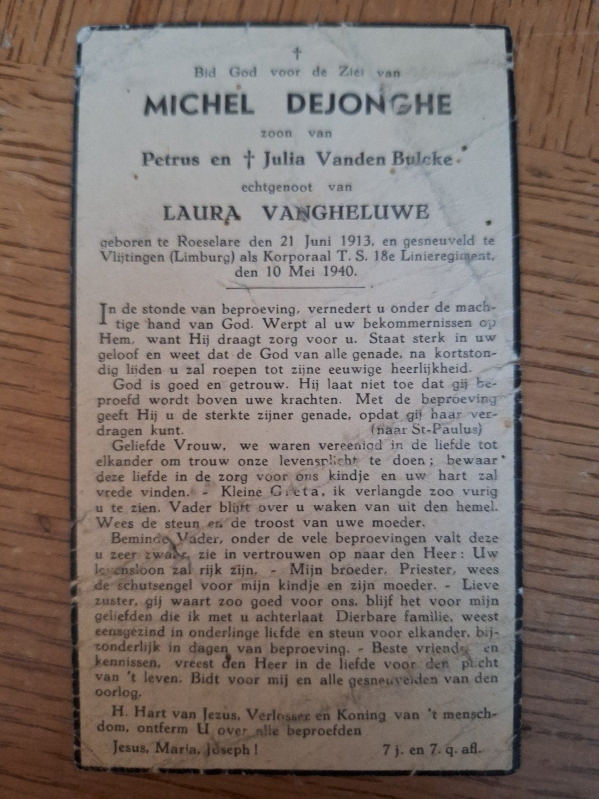 doodsprentje gesneuvelde Belgische soldaat 10 mei 1940, Collections, Enlèvement ou Envoi