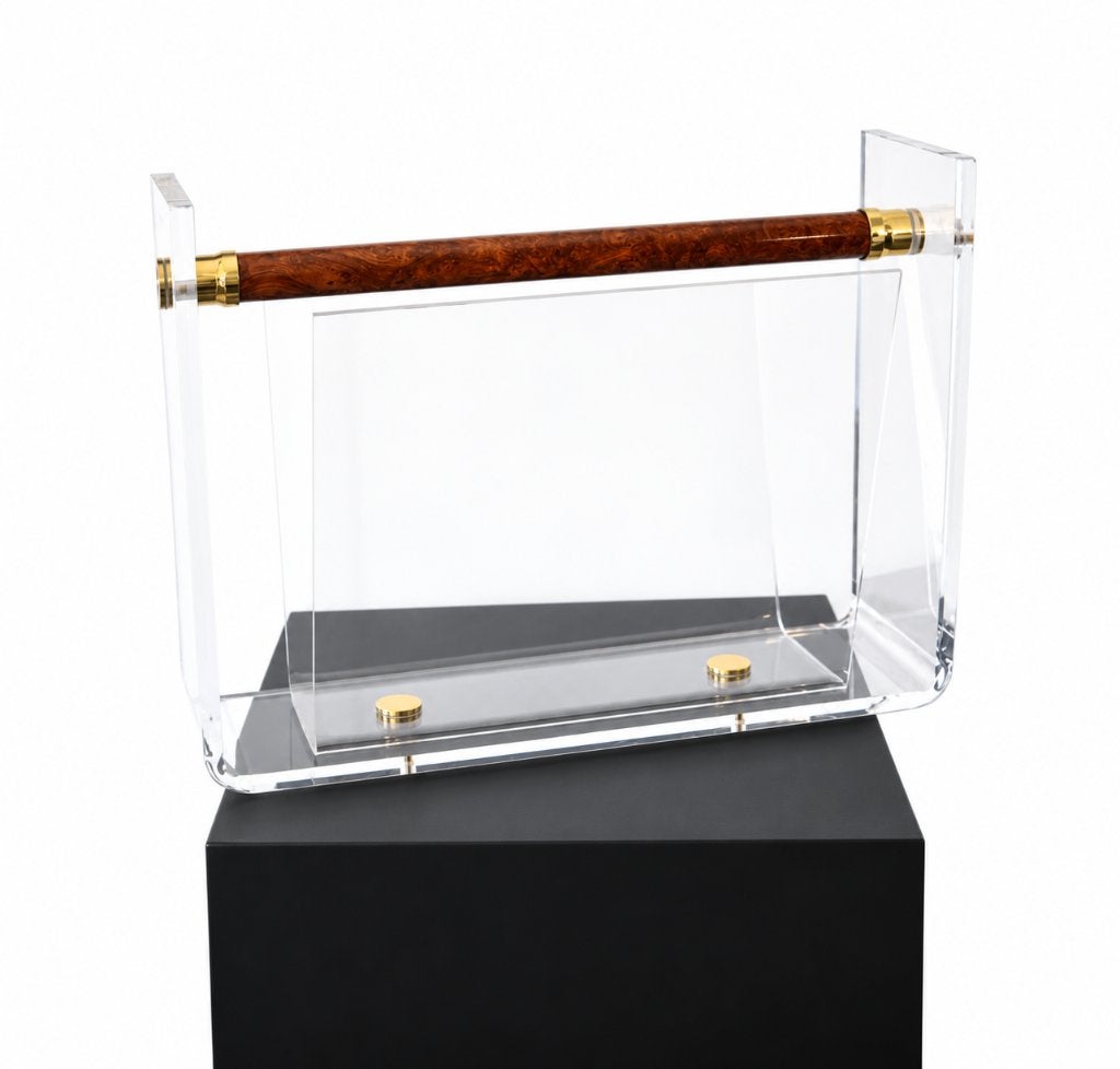 Vintage Lucite en messing magazine holder David Lange, Huis en Inrichting, Ophalen of Verzenden, Zo goed als nieuw, Vintage, Kunststof