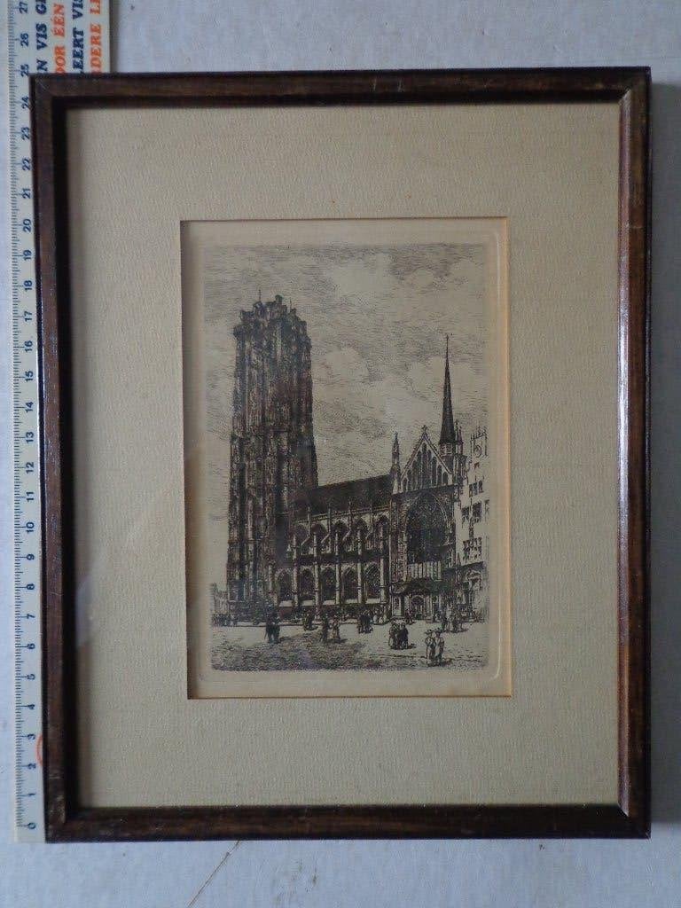Oude ets van Sint-Romboutskathedraal te Mechelen, Antiek en Kunst, Kunst | Etsen en Gravures, Ingelijst, Ets, Stadsgezicht, Ophalen of Verzenden