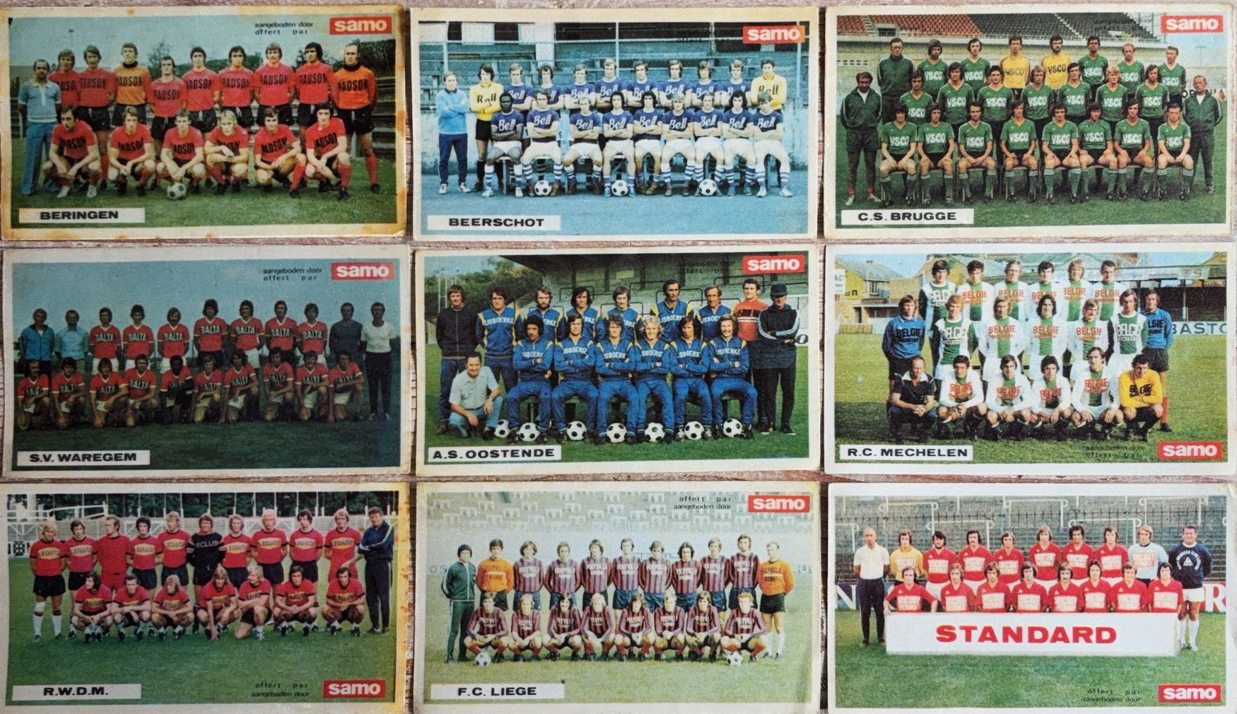 9 cartes d'équipe en satin avec jetons SAMO - saison 1975/76, Collections, Enlèvement ou Envoi, Utilisé, Affiche, Image ou Autocollant