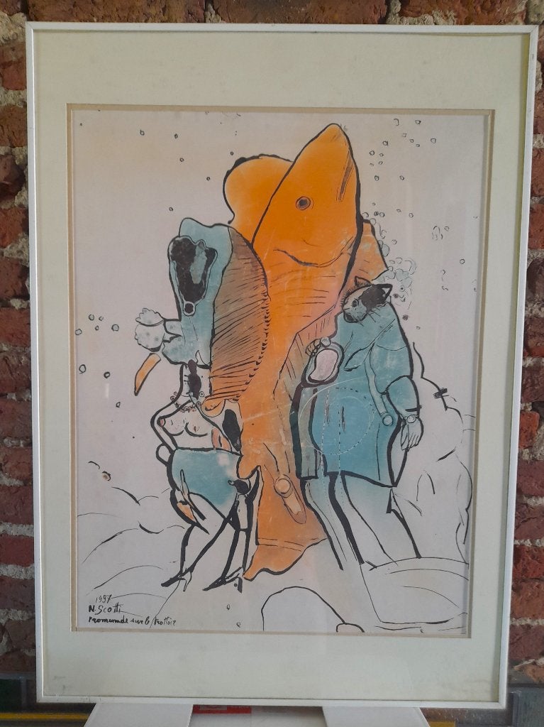 Marchez sur le trottoir, Nikola Scotti, techniques mixtes, Sous verre, Figures, Enlèvement, Aquarelle