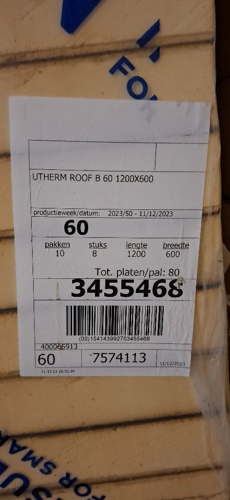 Utherm Roof B 140mm en 60mm, Isolation de toiture, Enlèvement, Mousse rigide (PIR), 12 cm ou plus