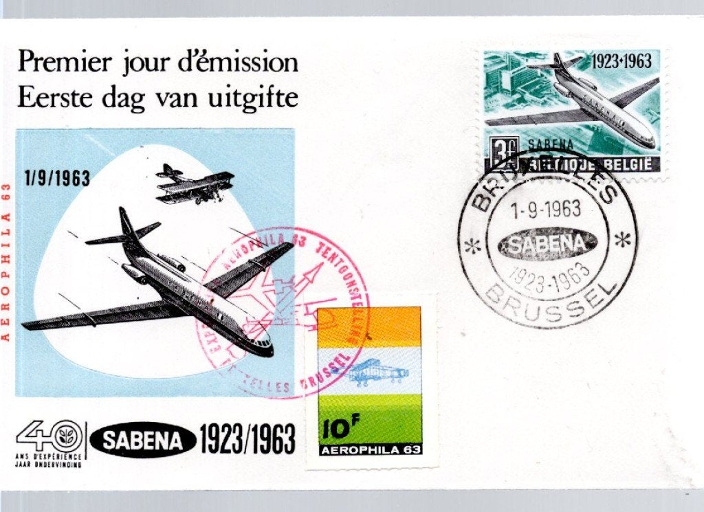 Vol 1963 du FDC Sabena avec vignette, Oblitéré, Espace, Affranchi, Avec enveloppe