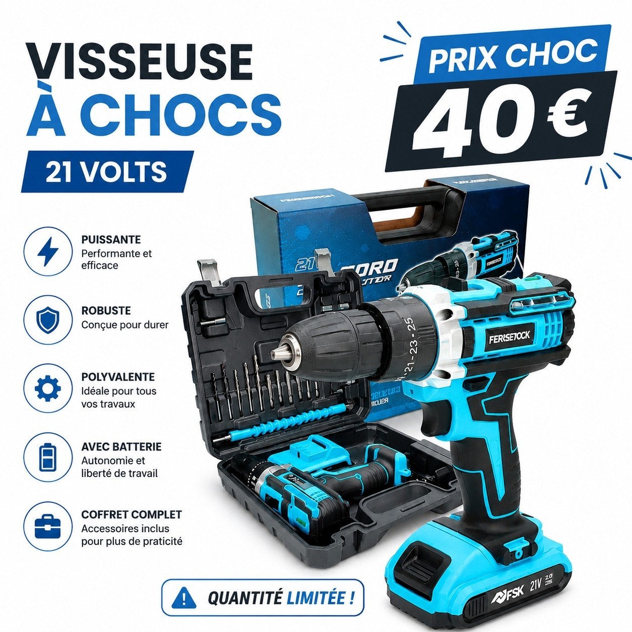 Visseusse à chic 21v avec coffrets et accesoire nouveaux, Enlèvement