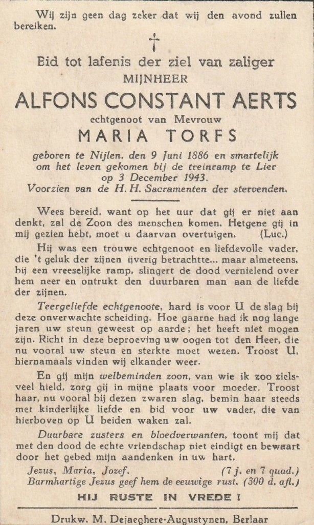 Oorlogsslachtoffer 40/45  treinramp Lier Alfons Aerts, Collections, Images pieuses & Faire-part, Envoi