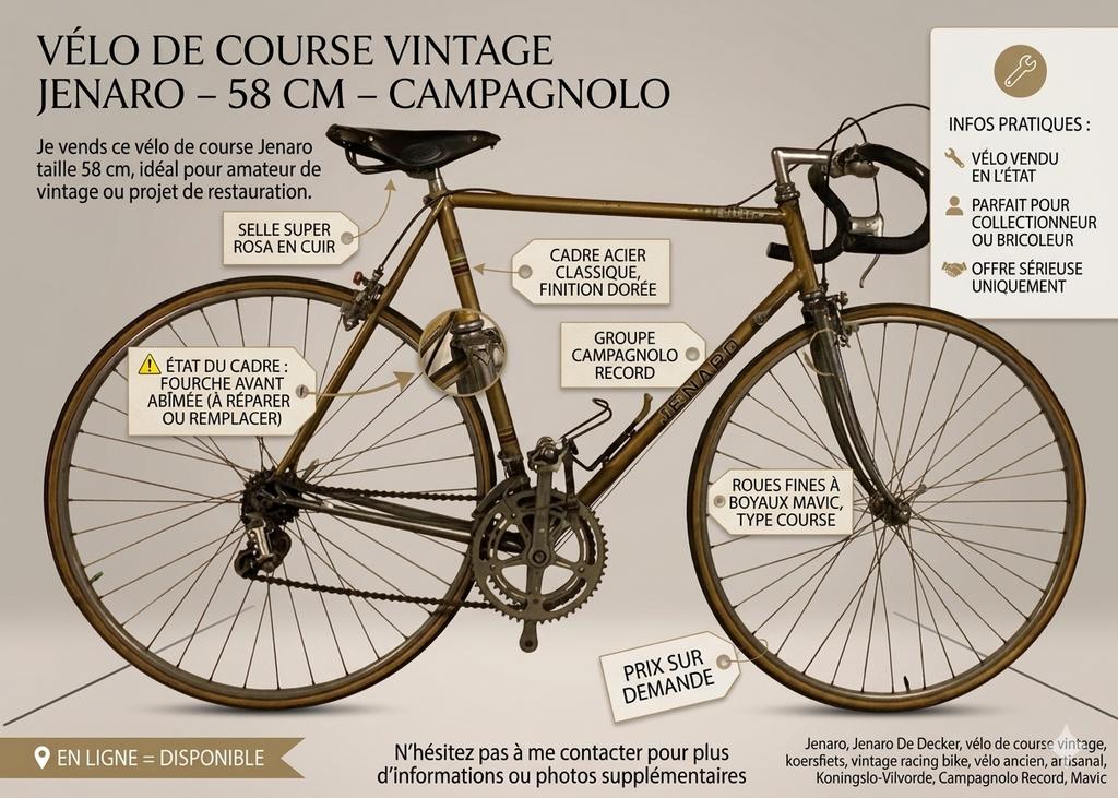 Vélo de course vintage Jenaro – 58 cm – Campagnolo, Vélos & Vélomoteurs, 10 à 15 vitesses, Enlèvement ou Envoi, Acier, Utilisé
