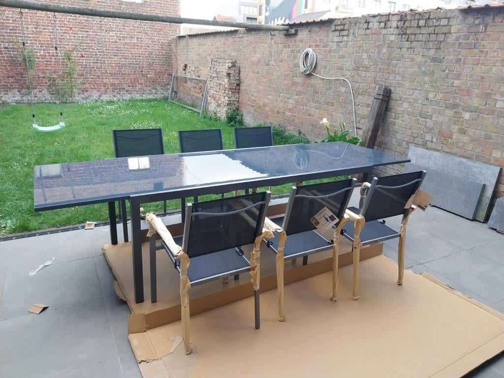 Uitschuifbare tuintafel met 6 stoelen, Tuin en Terras, Tuintafels, Nieuw, Rechthoekig, Ophalen