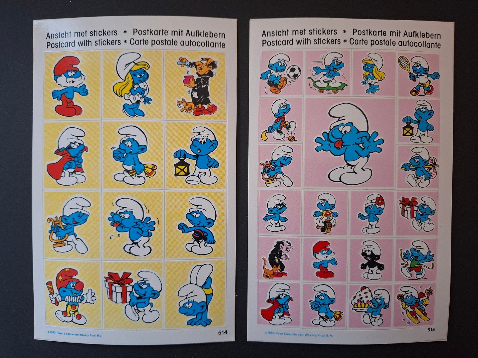 Les Schtroumpfs 2 cartes postales avec autocollants 1983, Collections, Schtroumpfs, Enlèvement ou Envoi, Neuf, Autres types