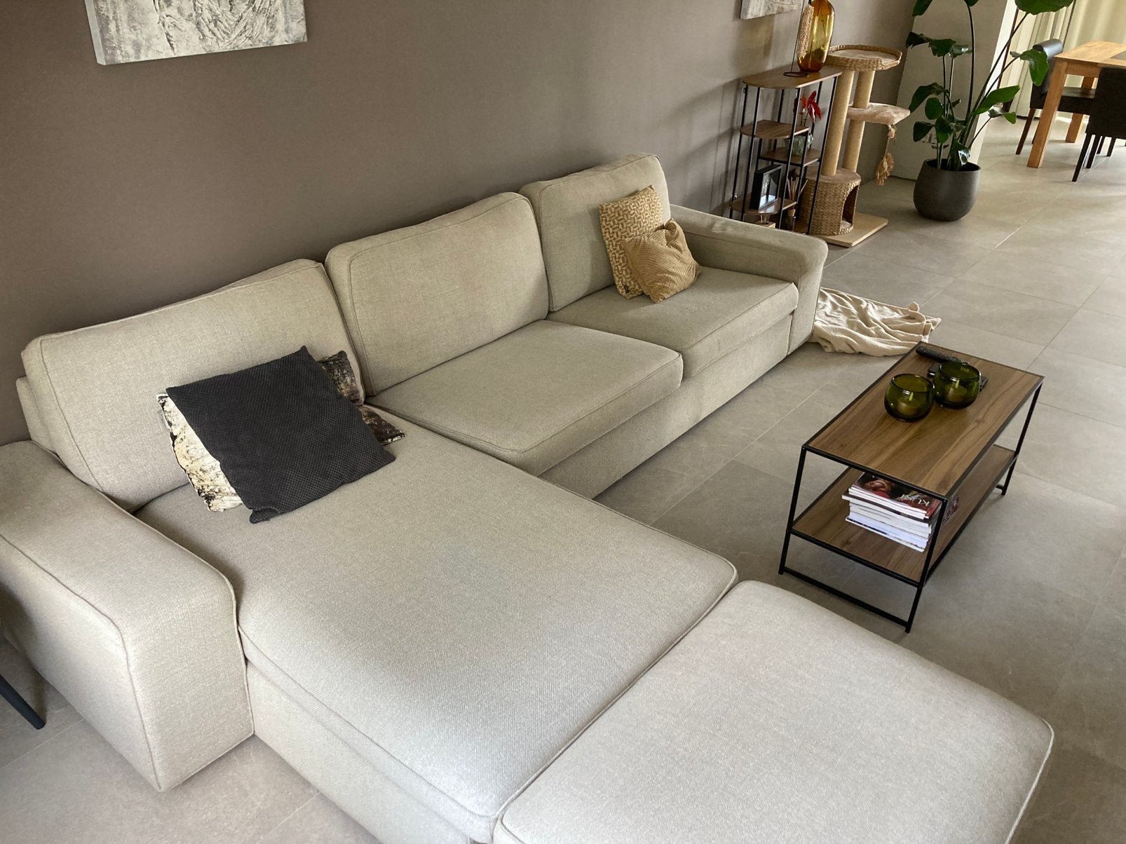 Zetel met longchair en bijpassende poef, Huis en Inrichting, Ophalen, Gebruikt, Stof