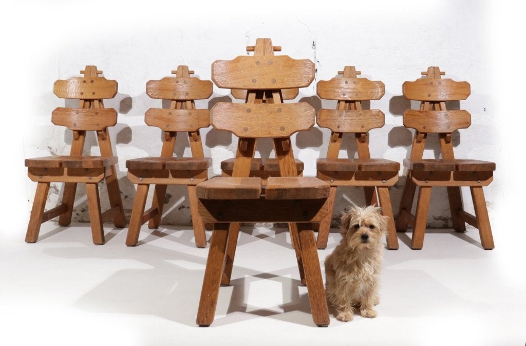 Set van 6 brutalistische stoelen, massief eiken, jaren 70, Antiek en Kunst, Ophalen