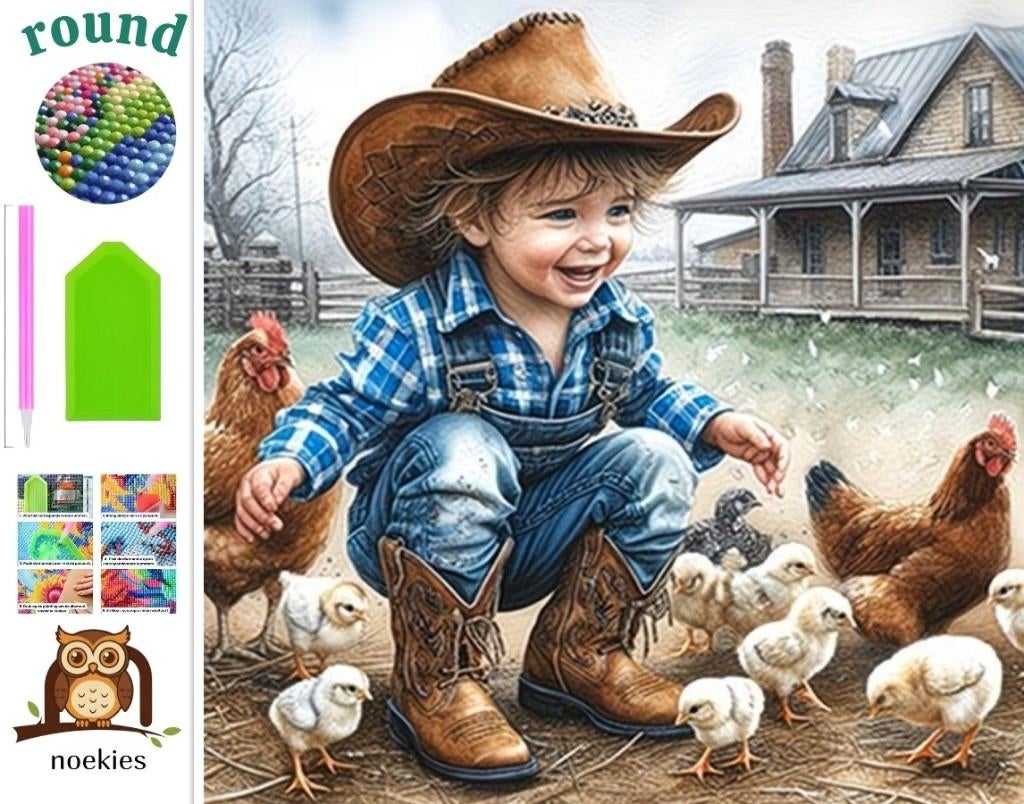 nr 561 Diamond Painting boerderij kind 20x20cm (rond), Verzenden, Nieuw, Overige materialen, Overige merken