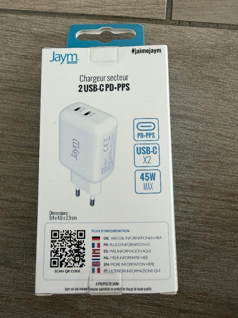 Jaym Dual USB-C Snellader - 45W Max - PD + PPS, Télécoms, Supports de téléphone, Neuf, Voiture, Enlèvement