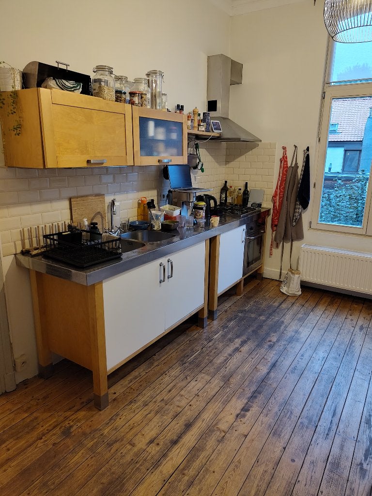 Modulaire keuken met inox werkbladen, oven en gaskookplaat, Huis en Inrichting, Ophalen, Gebruikt, Overige kleuren, Enkelwandige keuken