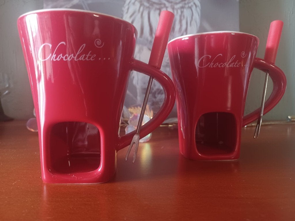 Ensemble de 2 tasses à fondue au chocolat avec fourchettes, Enlèvement ou Envoi, Comme neuf, Poterie, Autres types