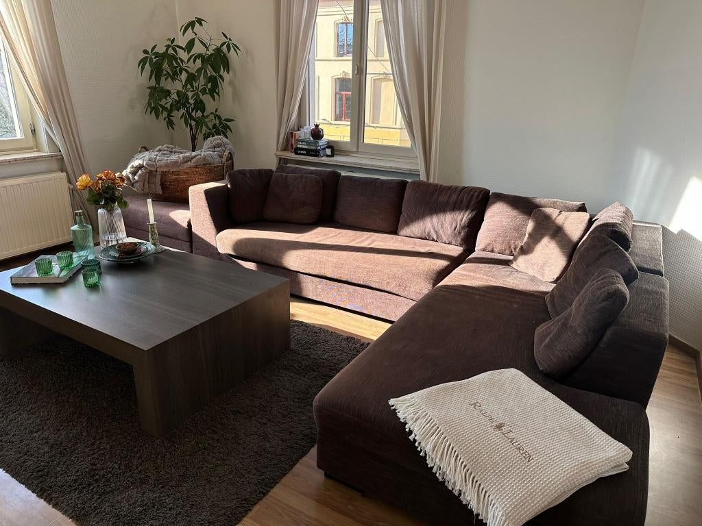 Grote hoekzetel - bruine stof - L-vorm -Snel weg!, Huis en Inrichting, Zetels | Zetels en Chaises Longues, Ophalen, Gebruikt, 100 tot 125 cm