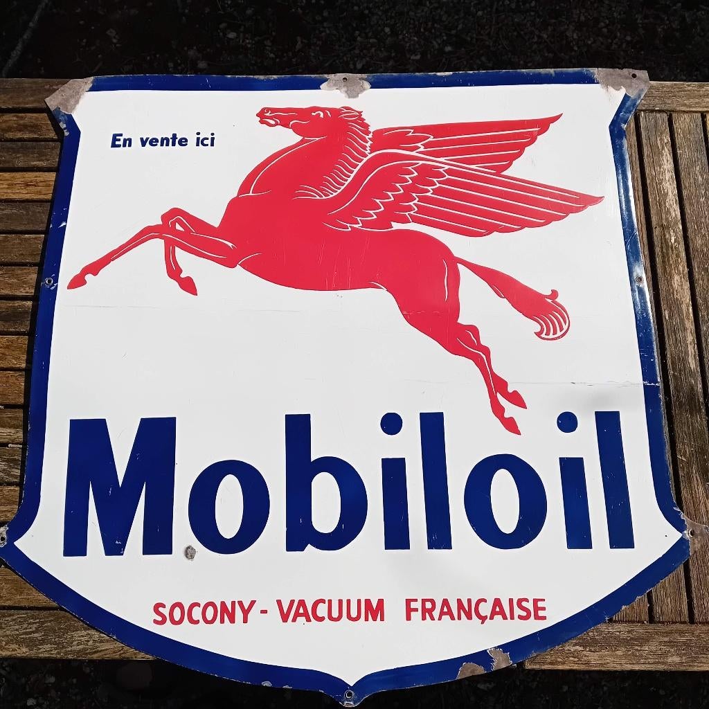 Groot emaille reclamebord MOBILOIL PEGASUS ca 1930, Verzamelen, Ophalen, Gebruikt, Reclamebord