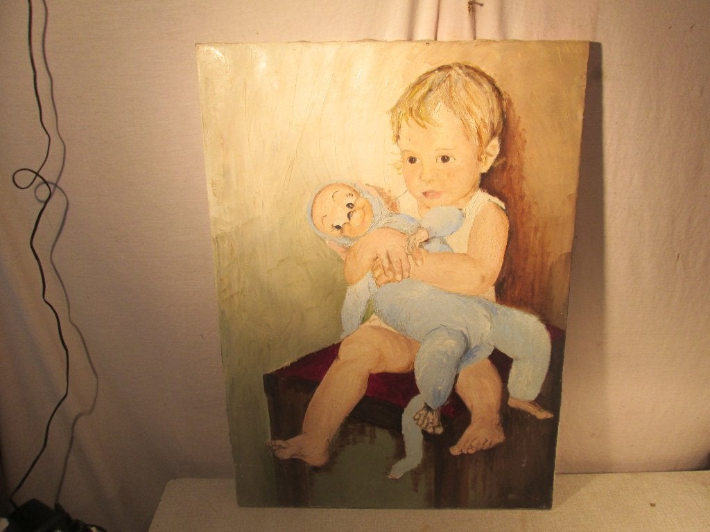 Mooi Oud Geschilderd Werk 'Kind met Pop' - 70x50, Doek, Portret of Personen, Ophalen of Verzenden, Olieverf