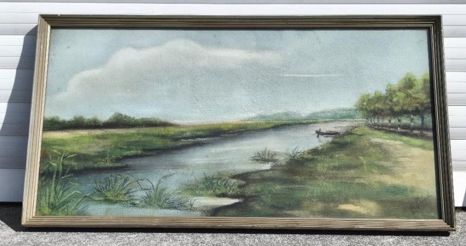 Pastel paysage signe m roove, Antiquités & Art, Enlèvement ou Envoi, Pastel, Paysage