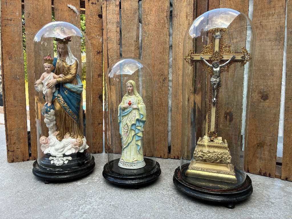 Antieke heiligen beelden met glazen stolp, Antiek en Kunst, Ophalen