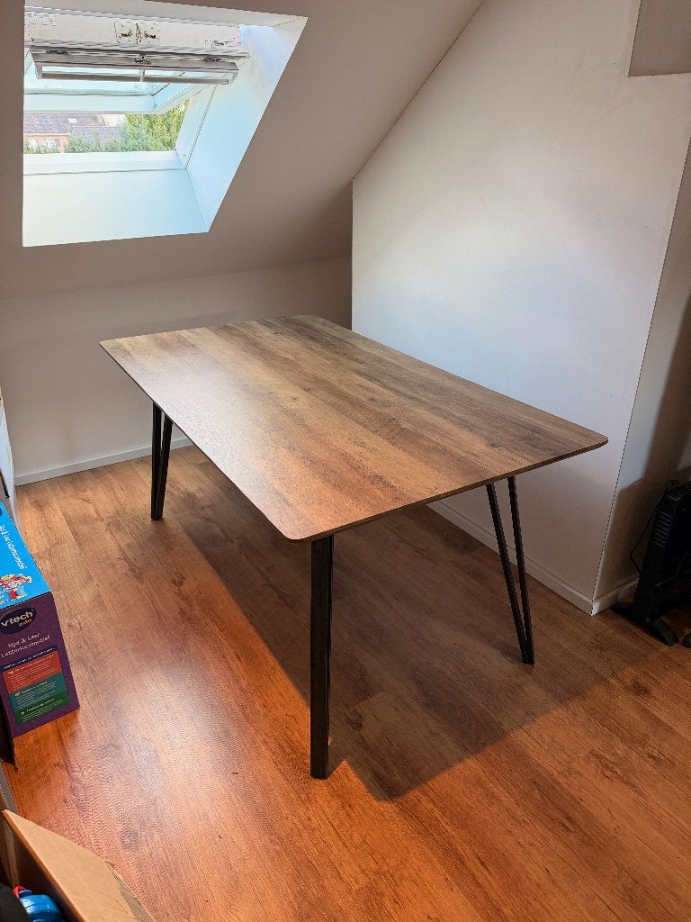 Tafel houten blad en zwart ijzeren poten, Huis en Inrichting, Ophalen, Gebruikt, 50 tot 100 cm, Vijf personen of meer