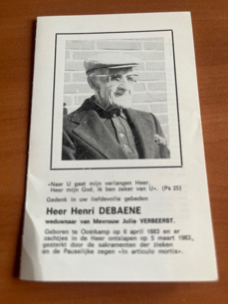 Rouwkaart H.Debaene  Oostkamp 1883 + 1983, Verzamelen, Bidprentjes en Rouwkaarten, Verzenden, Rouwkaart