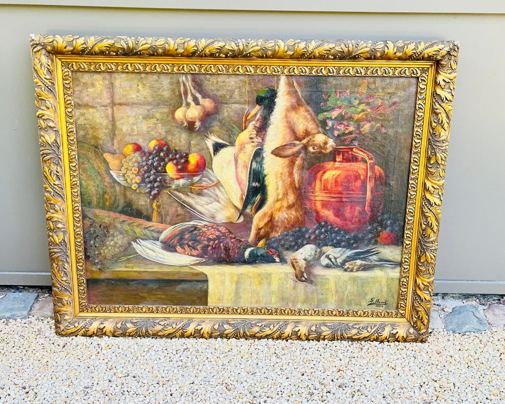 Olieverfschilderij G. Huwé (1924) Jachtstilleven 80 x 110, Ophalen, Doek, Bijzondere lijst, Olieverf