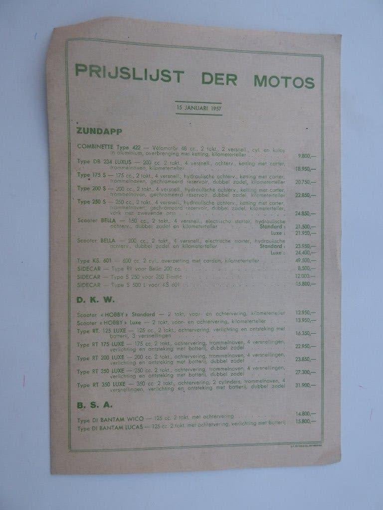 ZUNDAPP / DKW / BSA / ARIEL / SUNBEAM PRIJSLIJST 1957, Motoren, Ophalen of Verzenden