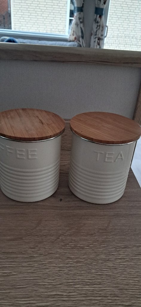 2 ecrue voorraadpotten , hoogte 12 cm, Ophalen, Inox, Gebruikt, Pot, Bus of Blik
