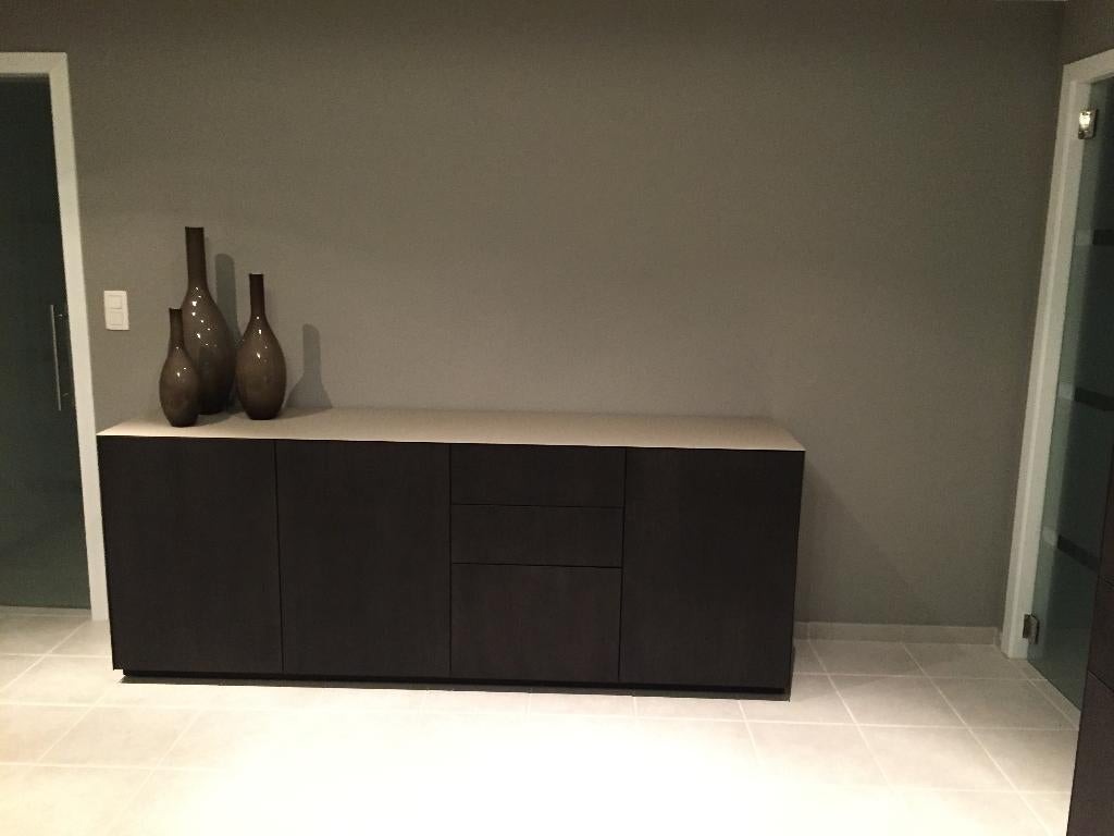 Dressoir met lade_hout & top glas, Huis en Inrichting, Kasten | Dressoirs, Ophalen, Gebruikt, Met deur(en), Glas