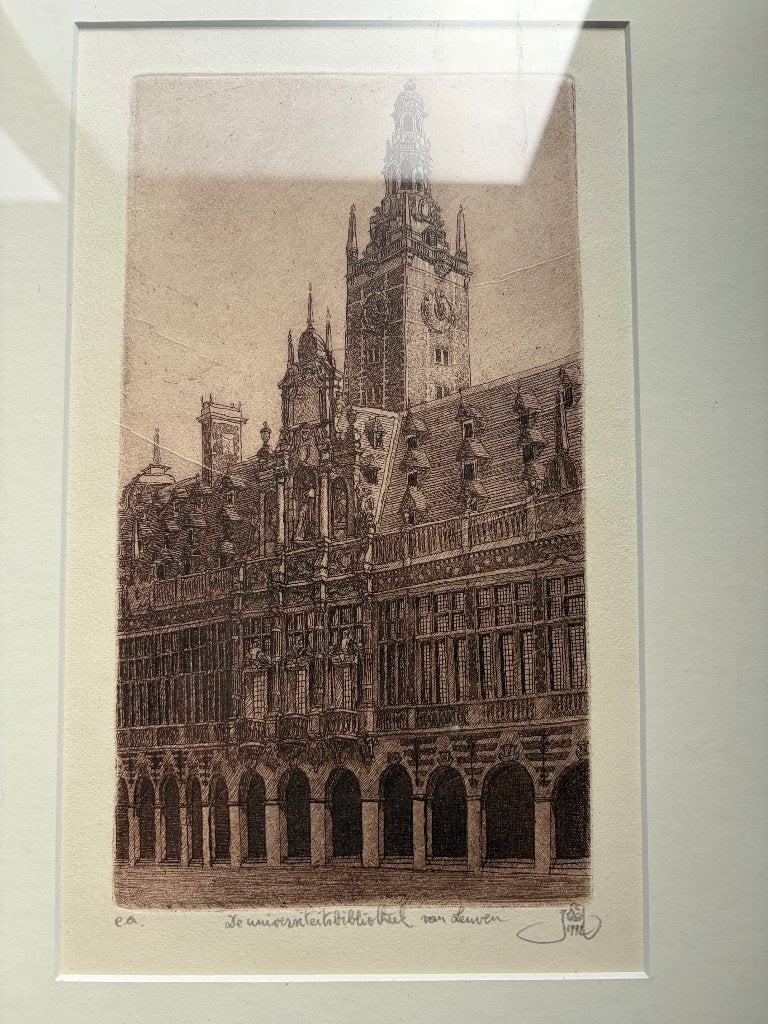 Ets Universiteitsbibliotheek Leuven - Johan Boussauw (E.A.), Gesigneerd, Stadsgezicht, 41 cm, Ophalen of Verzenden