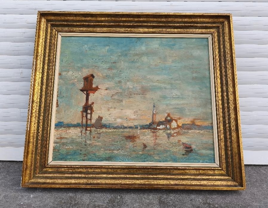 Huile sur panneau venise signe pieter stobbaerts, Antiquités & Art, Enlèvement ou Envoi, Réaliste, Panneau