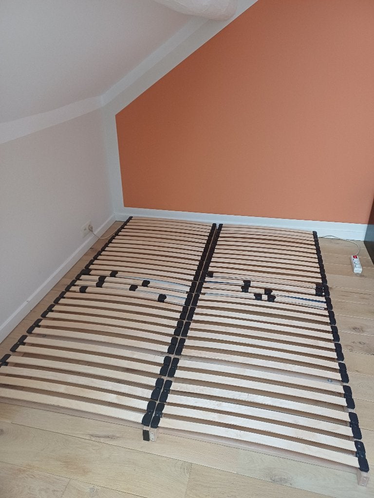 Lattenbodems en poten (2x - 90x200cm bevestigbaar), Ophalen, Tweepersoons, Zo goed als nieuw, Bedbodem