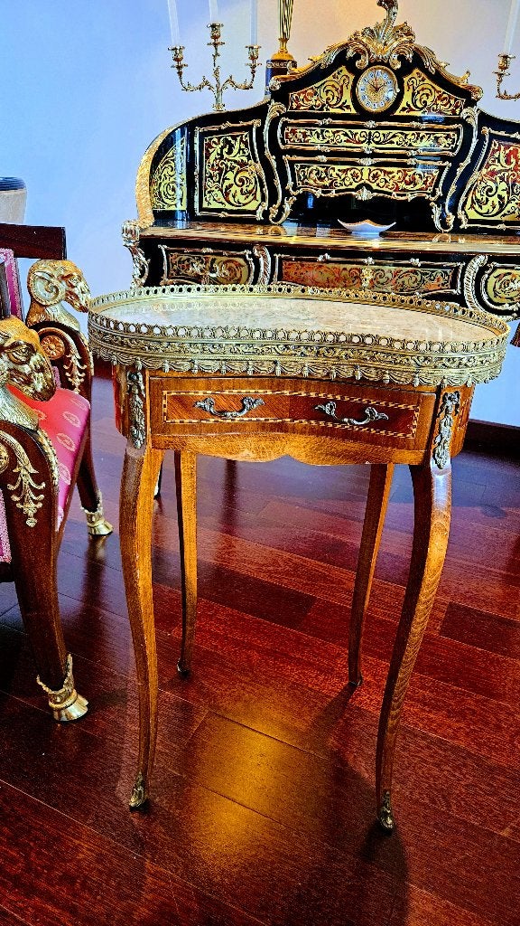 Uitzonderlijk bijzettafel in marqueterie afgewerkt in brons., Ophalen, 75 cm, Hout, Handgemaakt