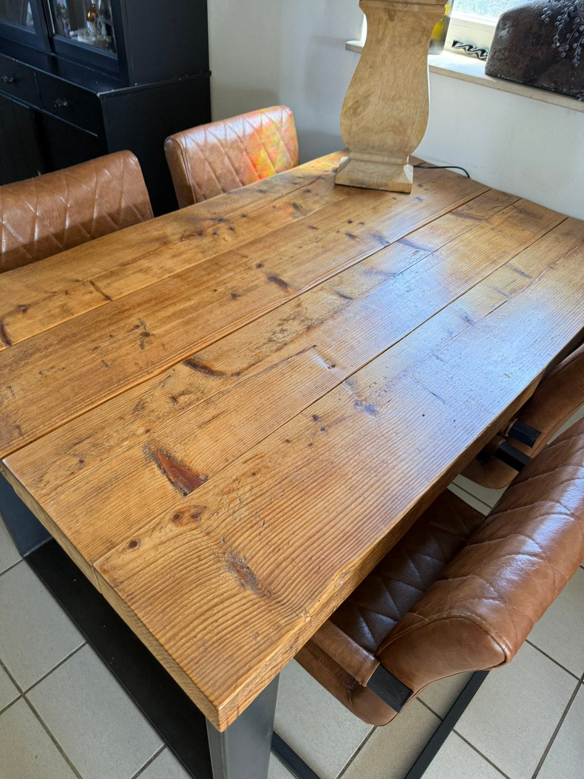 Eiken houten tafel 4 pers/ stalen frame, Ophalen, Zo goed als nieuw