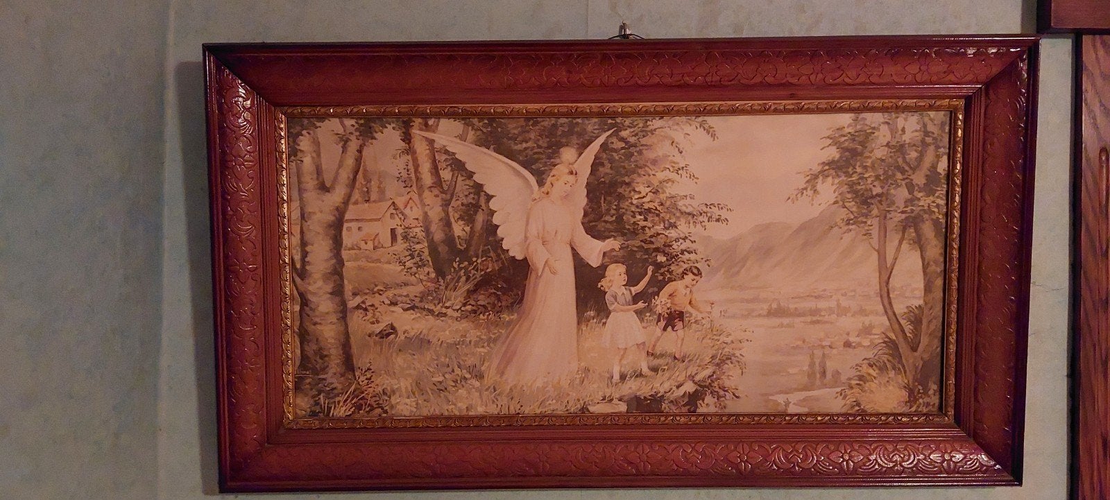 Peinture ancienne : Ange avec des enfants dans un paysage, Enlèvement