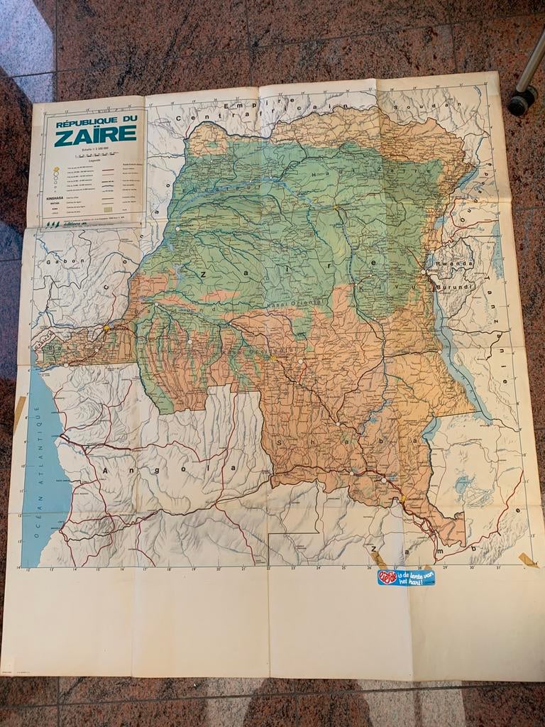 Grote oude kaart République de Zaïre, Ophalen of Verzenden, Zo goed als nieuw