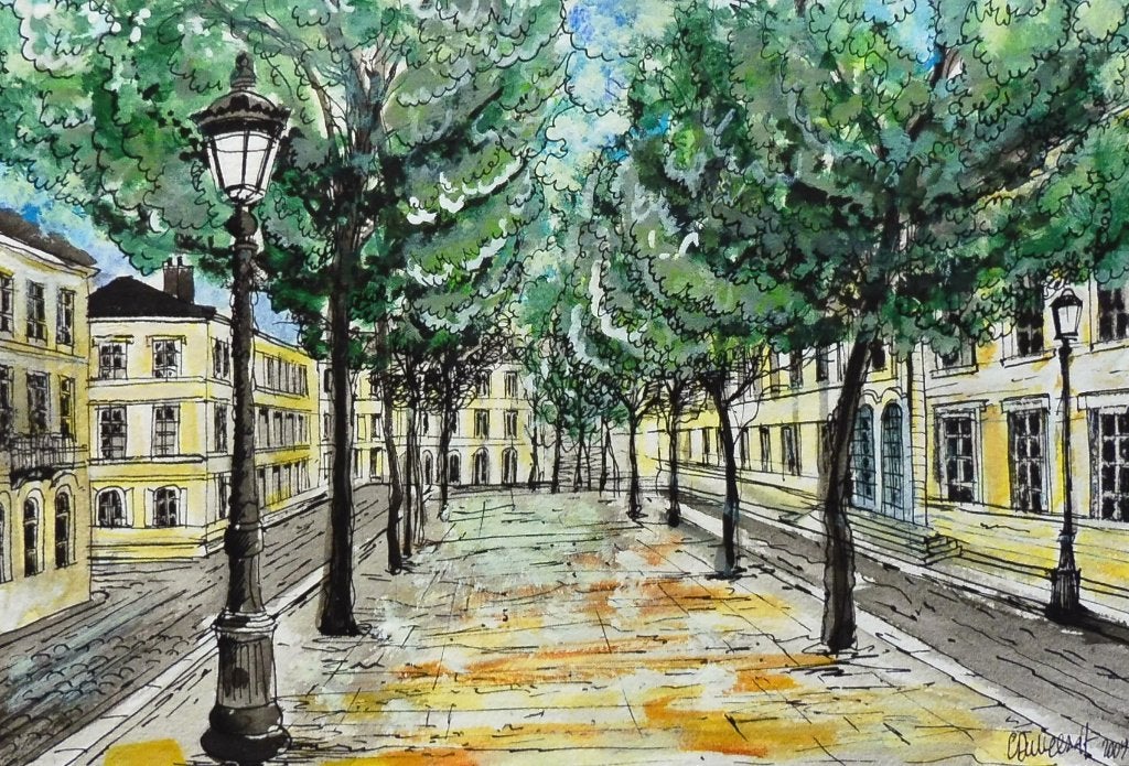 Aquarelle Bruxelles rue du Grand Hospice 21x14cm, Antiquités & Art, Aquarelle, Expressionniste, Daté, Paysage urbain / rural