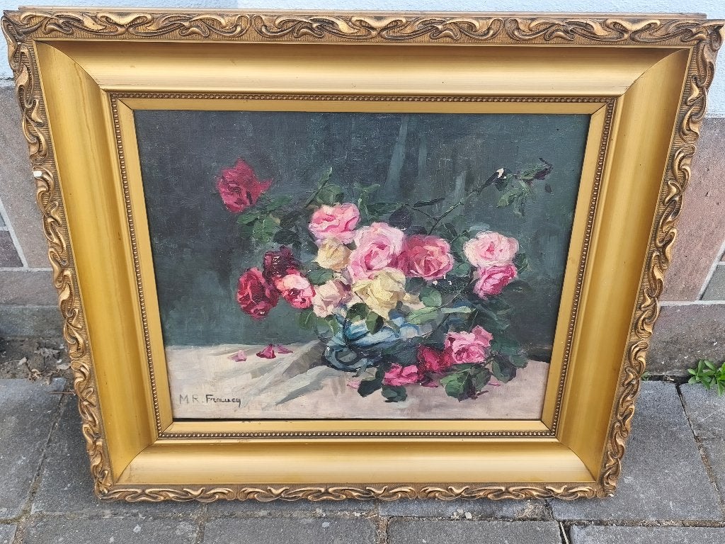 Huile sur toile fleurs signe m f francq, Ophalen, Bloemen, Doek