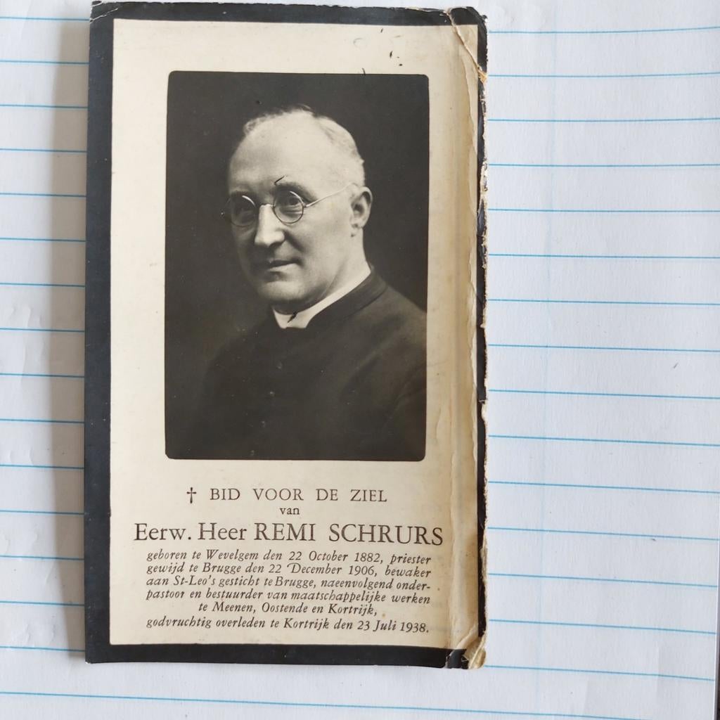 Oud bidprentje EH Remi Schrurs 1882 - 1938, Verzamelen, Ophalen of Verzenden, Bidprentje
