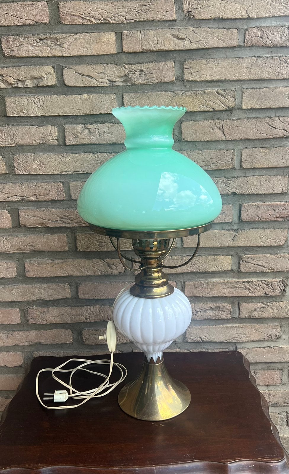 Vintage olielampstijl tafellamp met groen glas, Ophalen, Vintage, Groen, Glas